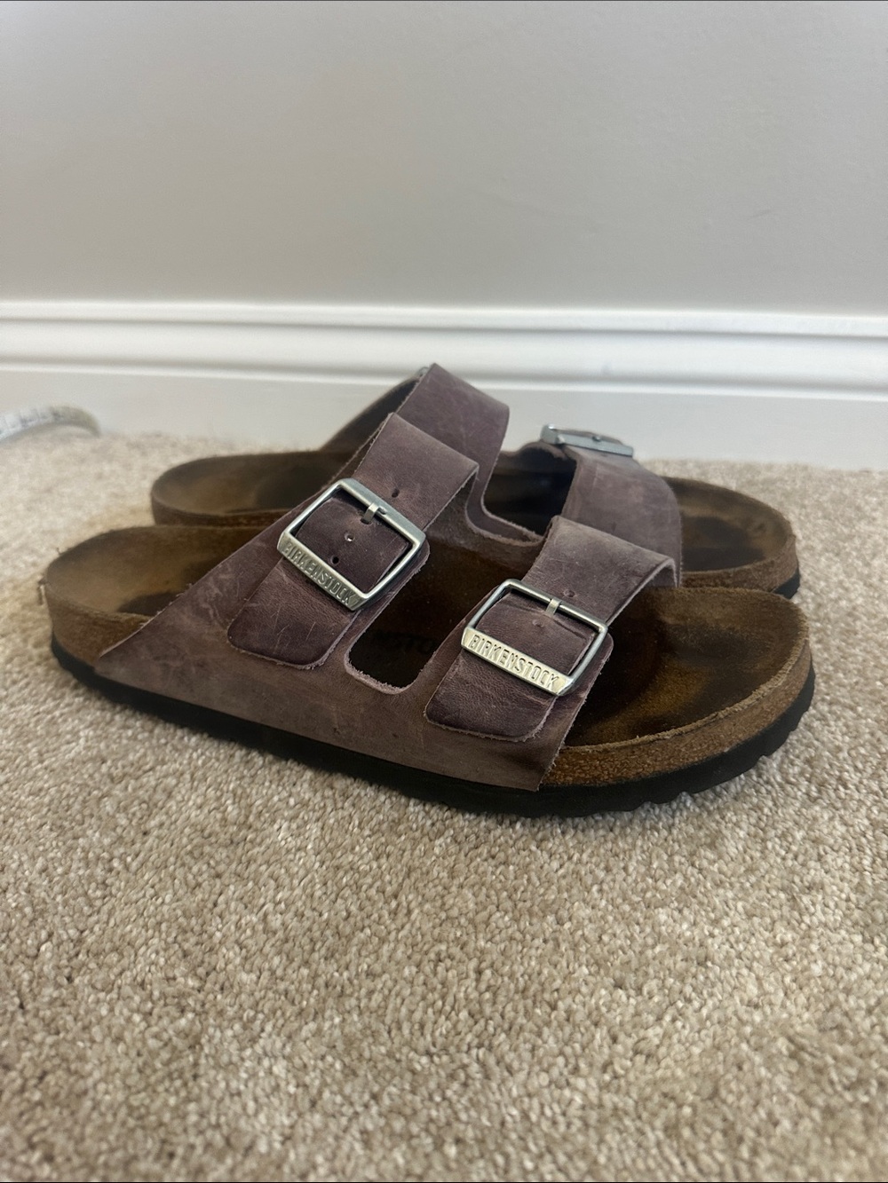 Birkenstock weathered- purple Arizona Sandals with silver Buckles